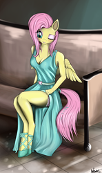 Size: 933x1574 | Tagged: dead source, safe, artist:oneofyouare, fluttershy, anthro, unguligrade anthro, g4, cleavage, clothes, dress, female, solo