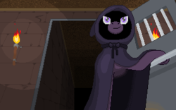 Size: 320x200 | Tagged: safe, artist:herooftime1000, oc, oc only, pony, octavia in the underworld's cello, basement, cutscene, dungeon, fan game, haunted, haunted house, hooded cape