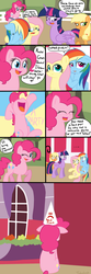 Size: 900x2700 | Tagged: safe, artist:tralalayla, applejack, fluttershy, pinkie pie, rainbow dash, twilight sparkle, alicorn, earth pony, pegasus, pony, g4, ..., :c, abuse, bad pinkie, bad pony, cheering, comic, corner, crying, dialogue, drama, dunce hat, eyes closed, female, floppy ears, frown, harsher in hindsight, hat, lidded eyes, looking at you, looking down, mare, one eye closed, open mouth, pinkie drama, raised hoof, sad, shocked, sitting, smiling, speech bubble, time out, twilight sparkle (alicorn), wide eyes, window, wink