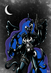 Size: 627x887 | Tagged: safe, artist:darklamprey, princess luna, anthro, g4, agent venom, breasts, busty princess luna, crescent moon, crossover, female, gun, male, marvel comics, moon, spider-man, symbiote, transparent moon, venom, venom luna