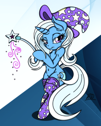 Size: 1280x1596 | Tagged: safe, artist:arthur9078, artist:dfectivedvice, trixie, pony, semi-anthro, g4, arm hooves, belly button, bipedal, clothes, colored, female, hat, socks, solo, stockings, trixie's hat, wand
