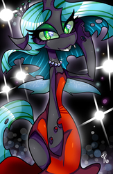 Size: 612x937 | Tagged: dead source, safe, artist:kaliptro, queen chrysalis, changeling, changeling queen, anthro, g4, clothes, dress, female, skinny, thin