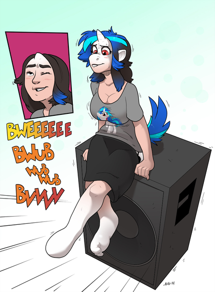 724224 - suggestive, artist:blackshirtboy, dj pon-3, vinyl scratch, human,  anthro, g4, action lines, animated, breasts, cleavage, clothes, dubstep,  gradient background, human to anthro, lip bite, mid-transformation, shirt,  skirt, speaker, sweat