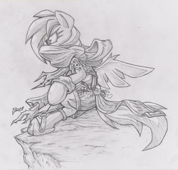 Size: 600x571 | Tagged: safe, artist:dfectivedvice, rainbow dash, g4, clothes, female, grayscale, monochrome, rogue, solo, traditional art