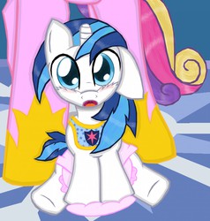 Size: 1218x1280 | Tagged: safe, artist:cuddlelamb, princess cadance, shining armor, pony, g4, baby, baby pony, bib, blushing, cute, diaper, foal, poofy diaper