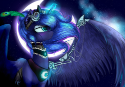 Size: 6874x4816 | Tagged: safe, artist:alicjaspring, princess luna, alicorn, pony, g4, absurd resolution, armor, crescent moon, ear piercing, earring, feather, female, frown, glowing, glowing horn, goggles, horn, jewelry, looking up, mare, moon, night, peacock feathers, piercing, sky, solo, sparkles, spread wings, starry night, stars, steampunk, wings