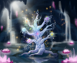 Size: 1100x900 | Tagged: safe, artist:digitalcyn, tree of harmony, 2014, cave, cave of harmony, element of generosity, element of honesty, element of kindness, element of laughter, element of loyalty, element of magic, elements of harmony, flower, no pony, tree