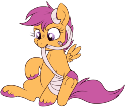 Size: 588x500 | Tagged: safe, artist:lulubell, derpibooru exclusive, scootaloo, pegasus, pony, g4, bandage, bandaid, colored hooves, female, filly, mouth hold, patch, simple background, sitting, solo, transparent background, underhoof