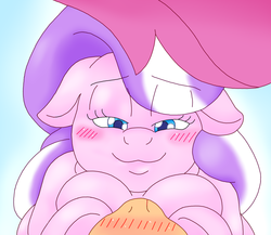 Size: 1135x983 | Tagged: safe, artist:blackbewhite2k7, diamond tiara, scootaloo, g4, blushing, chubby diamond, fat, female, female pov, floppy ears, lesbian, nosebleed, offscreen character, pov, ship:scootiara, shipping, wip