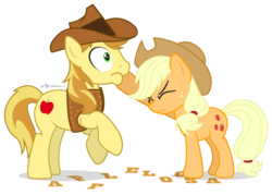 Size: 975x700 | Tagged: safe, artist:dm29, applejack, braeburn, g4, duo, hoof in mouth, hoofjack, simple background, transparent background