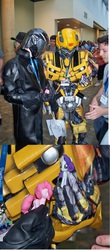 Size: 730x1652 | Tagged: safe, pinkie pie, rarity, bronycon, g4, bumblebee (transformers), cobra commander, cosplay, g.i. joe, hasbro, irl, photo, toy, transformers