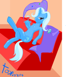 Size: 692x808 | Tagged: safe, artist:tozinkai, trixie, pony, semi-anthro, g4, alcohol, couch, female, solo