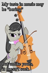 Size: 640x960 | Tagged: safe, octavia melody, g4, cello, classical, classy, female, looking at you, meta, mouthpiece, music, musical instrument, reaction image, solo, unimpressed