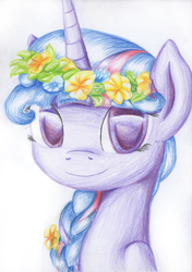 Size: 2464x3504 | Tagged: safe, artist:baldmoose, twilight sparkle, alicorn, pony, g4, alternate hairstyle, braid, female, floral head wreath, flower, flower in hair, high res, mare, solo, traditional art, twilight sparkle (alicorn)