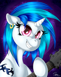 Size: 2000x2500 | Tagged: safe, artist:sycoartworks, dj pon-3, vinyl scratch, g4, earring, female, guitar, high res, metal, solo, tattoo