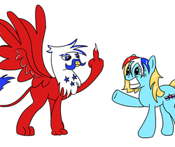 Size: 1103x923 | Tagged: safe, artist:varemia, oc, oc only, griffon, grin, middle finger, ponified, united states