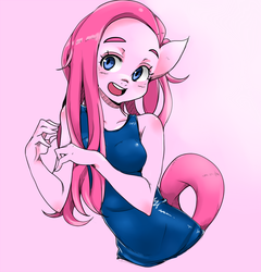 Size: 1000x1042 | Tagged: safe, artist:m@k, pinkie pie, earth pony, anthro, g4, clothes, cute, cuteamena, female, one-piece swimsuit, pinkamena diane pie, pixiv, shepherd0821-ish, solo, sukumizu, swimsuit