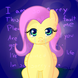 Size: 1800x1800 | Tagged: safe, artist:dashermkii, fluttershy, pegasus, pony, g4, crying, depressed, disembodied thoughts, female, looking at you, purple, sad, sitting, solo, sorry