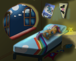 Size: 5000x4000 | Tagged: safe, artist:dombrus, rainbow dash, scootaloo, firefly (insect), pegasus, pony, g4, bed, cape, clothes, cmc cape, female, firefly lamp, moon, open window, plushie, rainbow dash plushie, sleeping, socks, what's in the box?, window, wonderbolts uniform