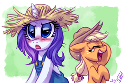 Size: 1200x800 | Tagged: safe, artist:whitediamonds, applejack, rarity, earth pony, pony, unicorn, rarijack daily, g4, season 2, simple ways, blushing, clothes, crying, duo, eyes closed, female, freckles, frown, glare, hat, laughing, lesbian, mare, open mouth, rarihick, ship:rarijack, shipping, smiling, tumblr