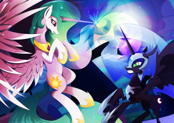 Size: 1920x1358 | Tagged: safe, artist:rariedash, nightmare moon, princess celestia, g4, fight, gritted teeth, magic, open mouth
