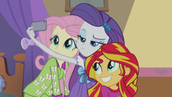 Size: 1439x810 | Tagged: safe, screencap, fluttershy, rarity, sunset shimmer, equestria girls, g4, my little pony equestria girls: rainbow rocks, :3, female, selfie