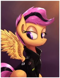 Size: 1080x1400 | Tagged: safe, artist:subjectnumber2394, scootaloo, pegasus, pony, g4, anarchy, bad religion, badass, badass adorable, clothes, cute, cutealoo, dyed hair, dyed mane, dyed tail, female, filly, foal, gradient background, jacket, leather jacket, lidded eyes, nofx, operation ivy, pennywise, punk, scootapunk, solo, spread wings, tail, wings