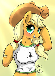 Size: 900x1250 | Tagged: safe, artist:joakaha, applejack, earth pony, anthro, g4, arm hooves, belly button, female, midriff, pigtails, solo