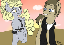 Size: 750x525 | Tagged: safe, artist:lexieskye, derpy hooves, doctor whooves, time turner, earth pony, pegasus, pony, g4, alternate hairstyle, background pony, clothes, danny zucco, danny zuko, duo, female, grease (musical), greaser, male, mare, parody, sandy olsson, sideburns, stallion