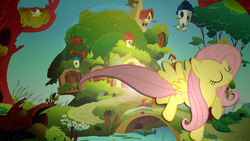 Size: 1280x720 | Tagged: safe, artist:yourmajestysenpai, fluttershy, bird, g4, cottage, home, lens flare, river, stream, vector, wallpaper