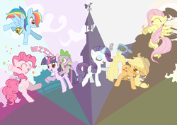 Size: 701x496 | Tagged: safe, artist:masa_0006, applejack, fluttershy, pinkie pie, rainbow dash, rarity, spike, twilight sparkle, dragon, earth pony, pegasus, pony, unicorn, g4, blushing, cowboy hat, eyes closed, female, freckles, hat, male, mane seven, mane six, mare, open mouth, pixiv, smiling, stetson