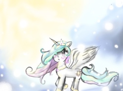 Size: 1381x1024 | Tagged: safe, artist:captain--meow, princess celestia, g4, :o, blushing, female, looking at you, raised hoof, solo, spread wings