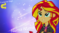 Size: 2560x1440 | Tagged: safe, artist:deathnyan, artist:givralix, artist:vaux111, sunset shimmer, equestria girls, g4, bedroom eyes, canterlot high, dragostea din tei, horseshoes, logo, numa numa, o-zone, smiling, solo, vector, wallpaper