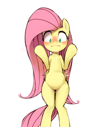 Size: 729x896 | Tagged: dead source, safe, artist:30clock, fluttershy, pony, g4, belly, bipedal, blushing, both cutie marks, cute, female, round belly, simple background, solo, stomach noise