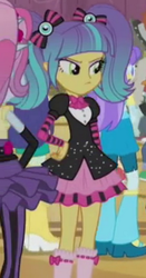 Size: 262x499 | Tagged: safe, screencap, aqua blossom, blueberry cake, pixel pizazz, violet blurr, equestria girls, g4, my little pony equestria girls: rainbow rocks, background human, gothic lolita, lolita fashion