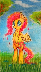 Size: 1988x3479 | Tagged: safe, artist:0okami-0ni, fluttershy, pony, g4, bipedal, ear fluff, female, flower in hair, solo, traditional art