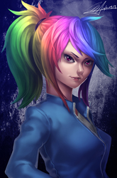 Size: 2252x3422 | Tagged: dead source, safe, artist:jggjqm522, rainbow dash, human, g4, female, high res, humanized, ponytail, portrait, solo