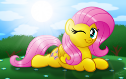 Size: 2000x1257 | Tagged: safe, artist:aleximusprime, fluttershy, g4, female, flower, lens flare, looking at you, meadow, prone, smiling, solo, sun, wink