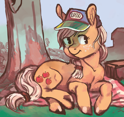 Size: 990x933 | Tagged: safe, artist:spectralunicorn, applejack, g4, female, hat, prone, solo