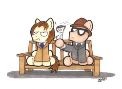 Size: 1695x1245 | Tagged: safe, artist:bobthedalek, earth pony, pony, adrian edmondson, annoyed, bench, clothes, coat, duo, edward hitler, hat, hitting, necktie, newspaper, ponified, reference, richard richard, rik mayall, shirt