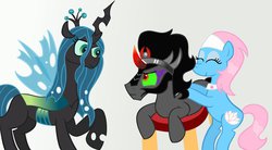 Size: 1024x564 | Tagged: safe, artist:the-crusader-network, king sombra, lotus blossom, queen chrysalis, g4, spa pony