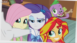 Size: 1600x900 | Tagged: safe, fluttershy, rarity, spike, sunset shimmer, equestria girls, g4, my little pony equestria girls: rainbow rocks, photobomb, selfie