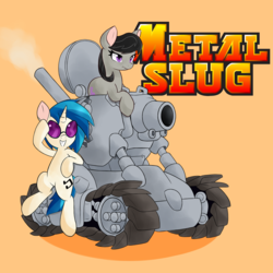 Size: 2000x2000 | Tagged: safe, artist:hidden-cat, dj pon-3, octavia melody, vinyl scratch, earth pony, pony, unicorn, g4, bipedal, bipedal leaning, crossover, high res, leaning, metal slug, sv-001, tank (vehicle)