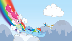 Size: 1920x1080 | Tagged: safe, artist:minimoose772, pinkie pie, rainbow dash, g4, adventure time, cloud, crossover, flying, goggles, male, tail bite