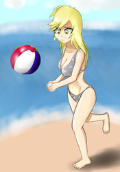 Size: 700x1000 | Tagged: safe, artist:sticky-plaster, derpy hooves, human, g4, barefoot, beach, beach ball, belly button, bikini, cleavage, clothes, feet, female, humanized, solo, swimsuit