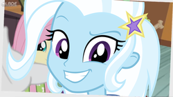 Size: 698x393 | Tagged: safe, trixie, equestria girls, g4, my little pony equestria girls: rainbow rocks, cute, diatrixes, female, looking at you, photobomb, photobombing trixie