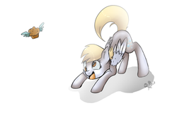 Size: 1024x657 | Tagged: safe, artist:rflzqt, derpy hooves, pegasus, pony, g4, female, mare, muffin, simple background, solo, white background, winged muffin, wings