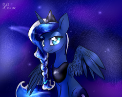 Size: 1024x812 | Tagged: safe, artist:rflzqt, princess luna, g4, alternate hairstyle, braid, female, sitting, solo, spread wings