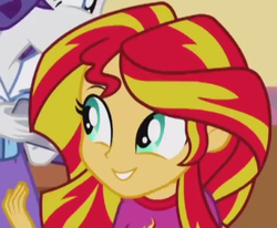 Size: 494x407 | Tagged: safe, screencap, rarity, sunset shimmer, equestria girls, g4, my little pony equestria girls: rainbow rocks, cute, laughing, shimmerbetes, smiling, when she smiles