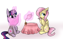 Size: 1024x631 | Tagged: safe, artist:rflzqt, fluttershy, twilight sparkle, g4, book, magic, sitting, table, tea, teapot, telekinesis